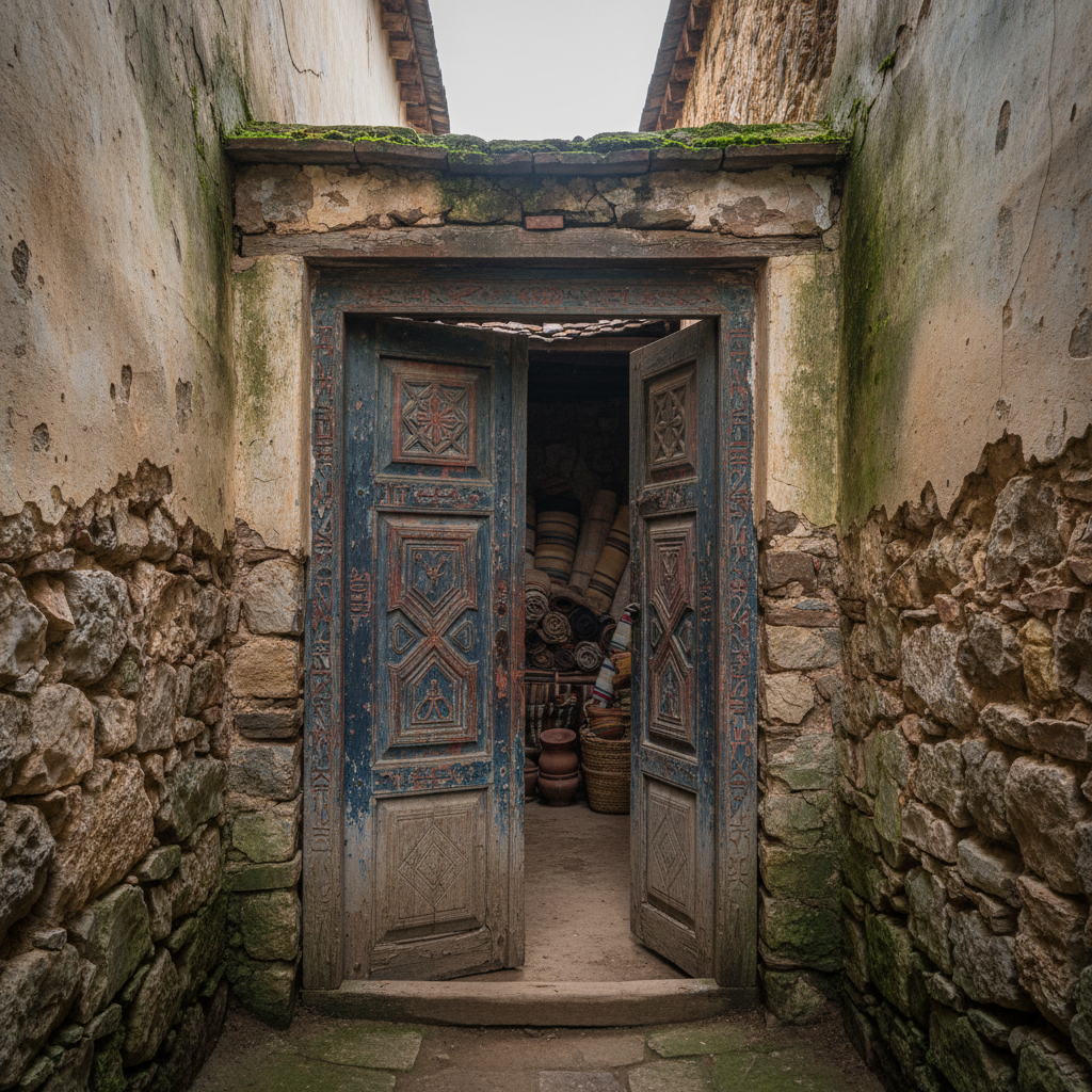 An intricately carved wooden doorway from a remote mountain village stands slightly ajar in a narrow stone alleyway, revealing a glimpse of a dim, cluttered interior filled with handmade textiles and pottery. The door is adorned with fading geometric patterns and symbols, its paint chipped to reveal layers of color beneath. Moss-covered stones and weathered plaster walls frame the entrance. Soft overcast daylight filters in from above, creating gentle, diffused light that enhances the textures without harsh shadows. Captured from a straight-on, eye-level perspective with balanced composition, the image feels like an invitation into a hidden world. The photographic style is realistic, muted, and sophisticated, emphasizing the quiet dignity of vanishing architectural traditions.