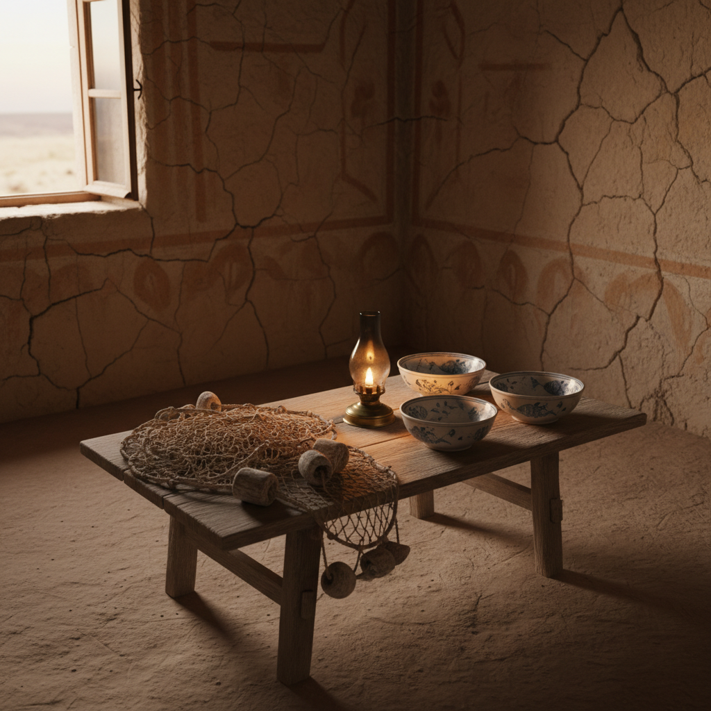 A low wooden table sits in the center of a modest earthen-floor room, covered with a carefully arranged collection of traditional objects from an endangered coastal community: handwoven fishing nets with uneven knots, salt-stained wooden floats, delicately painted ceramic bowls, and a small oil lamp with soot-darkened glass. The clay walls are rough and cracked, bearing traces of faded mural patterns. Warm evening light from a single open window grazes the surfaces, casting long, soft shadows and highlighting the patina of age. Photographed from a slightly elevated angle with a medium depth of field, the composition feels intimate and reverent. The image has a calm, museum-like atmosphere, rendered in photographic realism with subdued colors and a sophisticated documentary tone.