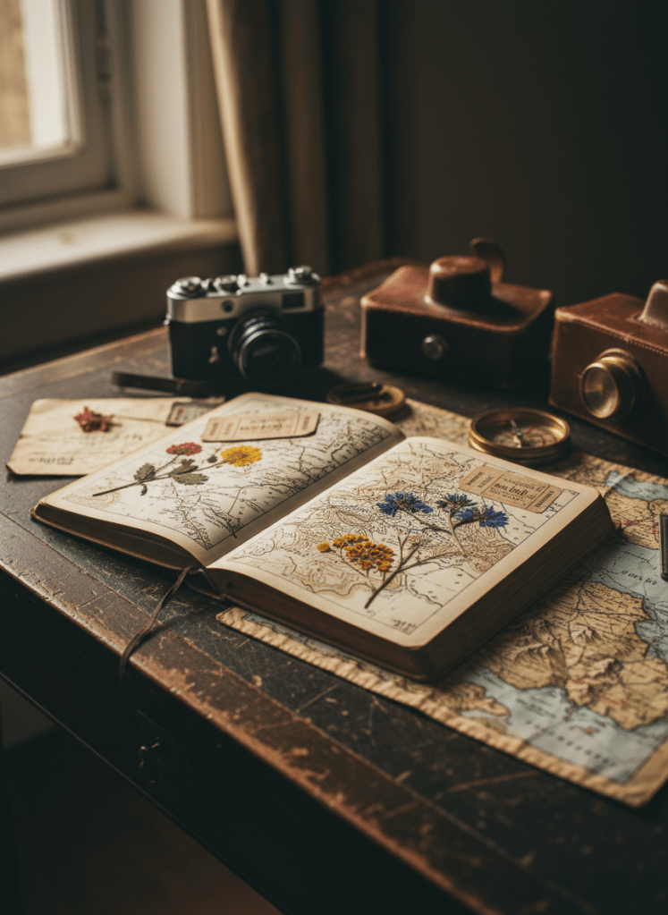 A weathered wooden travel journal lies open on an antique desk made of dark, scratched oak, its pages filled with intricate hand-drawn maps, pressed wildflowers, and faded ticket stubs from distant places. Around it are worn leather field recording equipment cases, a vintage film camera, and a small compass resting on a frayed cloth map showing remote regions of the world. Late afternoon window light slants across the scene, creating long, soft shadows and illuminating dust particles in the air. Shot at eye level with a shallow depth of field, the focus rests on the journal’s textured pages, while the background softly blurs. The mood is contemplative and archival, evoking photographic realism with a sophisticated, documentary aesthetic.