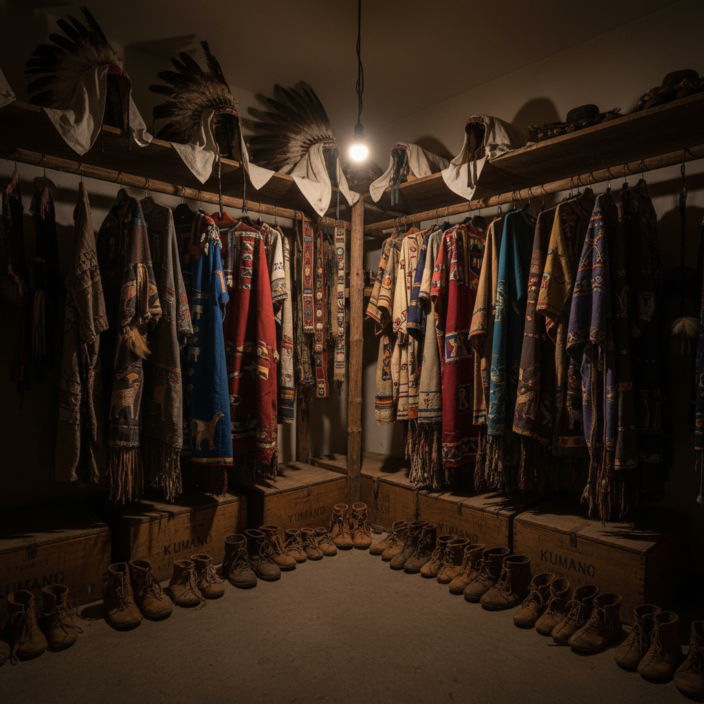 Inside a dimly lit storage room of an old community hall, rows of traditional ceremonial costumes hang neatly on a rough wooden rack: feathered headdresses carefully wrapped in cloth, embroidered garments rich with symbolic motifs, beaded belts, and worn leather footwear. The concrete floor is scattered with wooden boxes stamped with faded regional markings. A single bare bulb overhead casts warm, focused light, creating dramatic contrasts and deep shadows that emphasize the depth of the room. Captured with a slightly wide lens from a corner vantage point, the composition leads the eye through receding rows of garments toward darkness. The mood is solemn and archival, suggesting traditions awaiting their next moment of life. The photographic style is realistic, detailed, and sophisticated, with subdued, earthy tones.