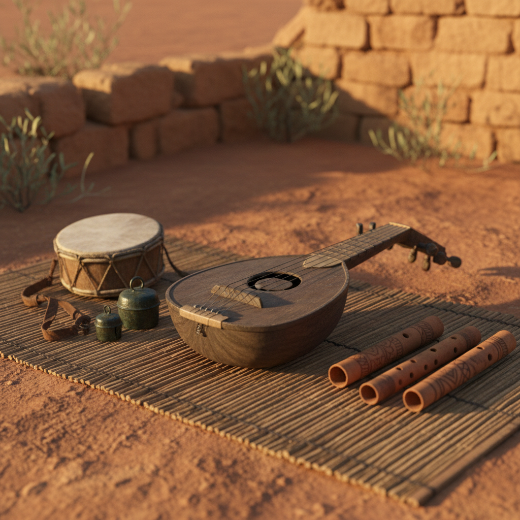 On a woven reed mat placed on packed red earth, an arrangement of traditional musical instruments from a nearly forgotten desert culture lies ready for use: a hand-carved stringed lute with worn tuning pegs, a small goat-skin drum with visible stitching, metal bells tarnished to a dark patina, and a row of clay flutes etched with simple patterns. Sparse desert plants and a low mud-brick wall frame the background. The scene is illuminated by the warm glow of golden hour sunlight, creating pronounced yet soft-edged shadows and a gentle halo along the instrument edges. Shot from a low, three-quarter angle with shallow depth of field, the foreground details are tack-sharp while the background softly dissolves. The photographic aesthetic is rich and textural, evoking quiet resilience and cultural memory.