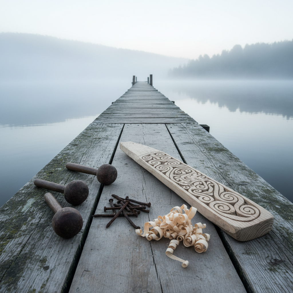 On a weather-beaten wooden dock extending into misty water, a collection of traditional river tools from a dwindling boat-building community is laid out with deliberate care: hand-forged iron nails, smooth wooden mallets, curled wood shavings, and a partially carved boat prow with intricate local motifs. Thick morning fog hangs low over the water, softening the distant shoreline into pale silhouettes. Cool, diffused dawn light envelops the scene, reducing harsh shadows and emphasizing subtle textures in the worn wood and metal. Shot from a low angle along the length of the dock, the leading lines draw the viewer’s eye toward the disappearing horizon. The mood is quiet and introspective, captured in photographic realism with a minimalist, sophisticated composition.